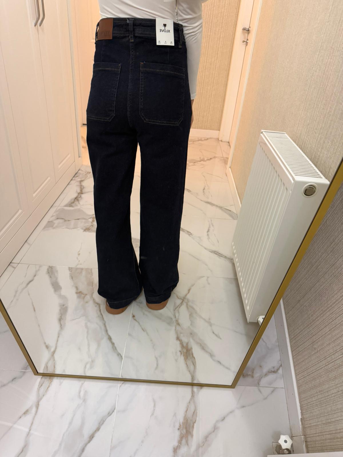 Lacivert Yüksek Bel Yama Cepli Kot Pantolon XL7079-17