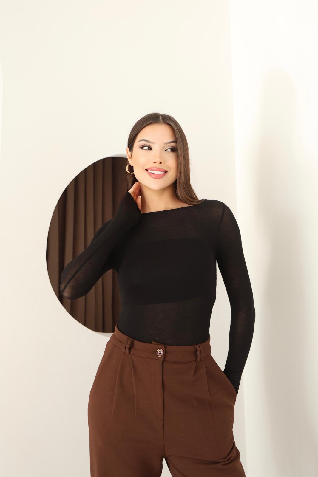 Siyah Kayık Yaka Kaşmir Transpan Bluz FC0116