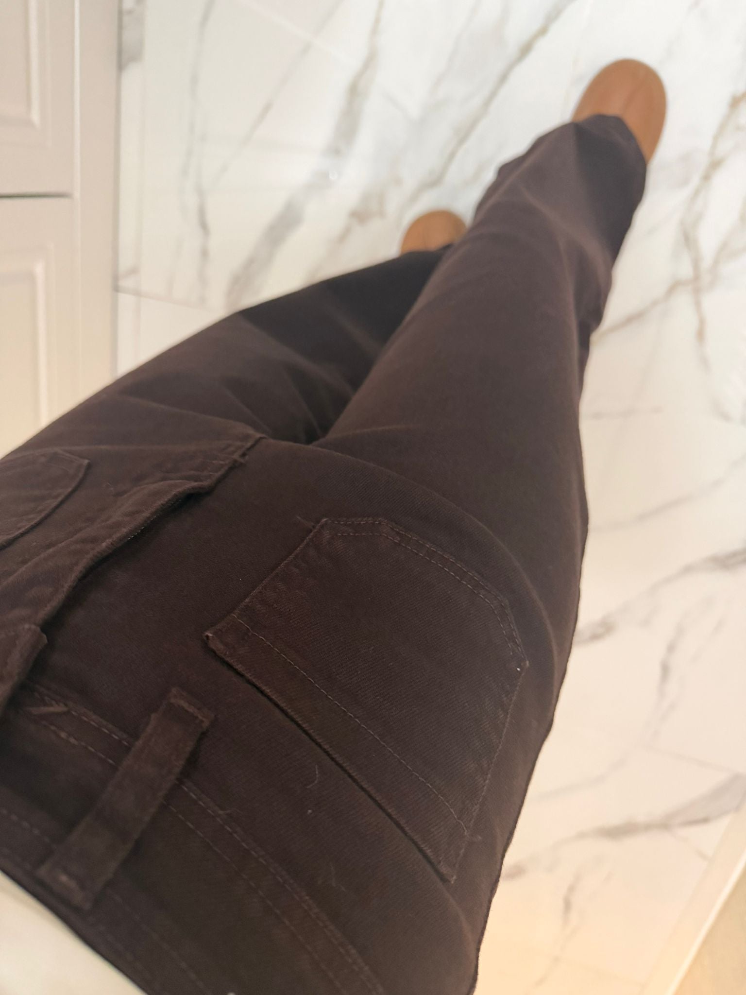 Kahverengi Yüksek Bel Yama Cepli Jean Pantolon XL7079-78