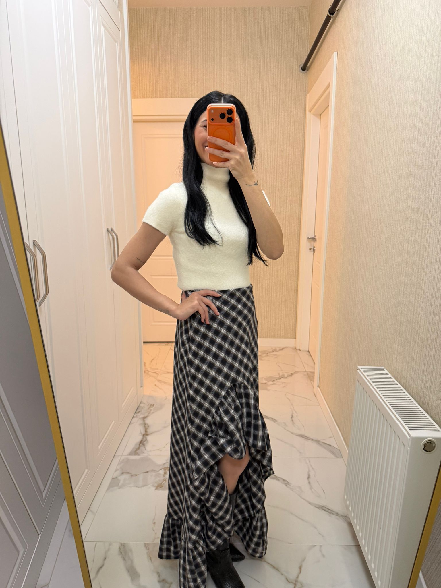 Lacivert Ekose Fırfırlı Uzun Etek M0383