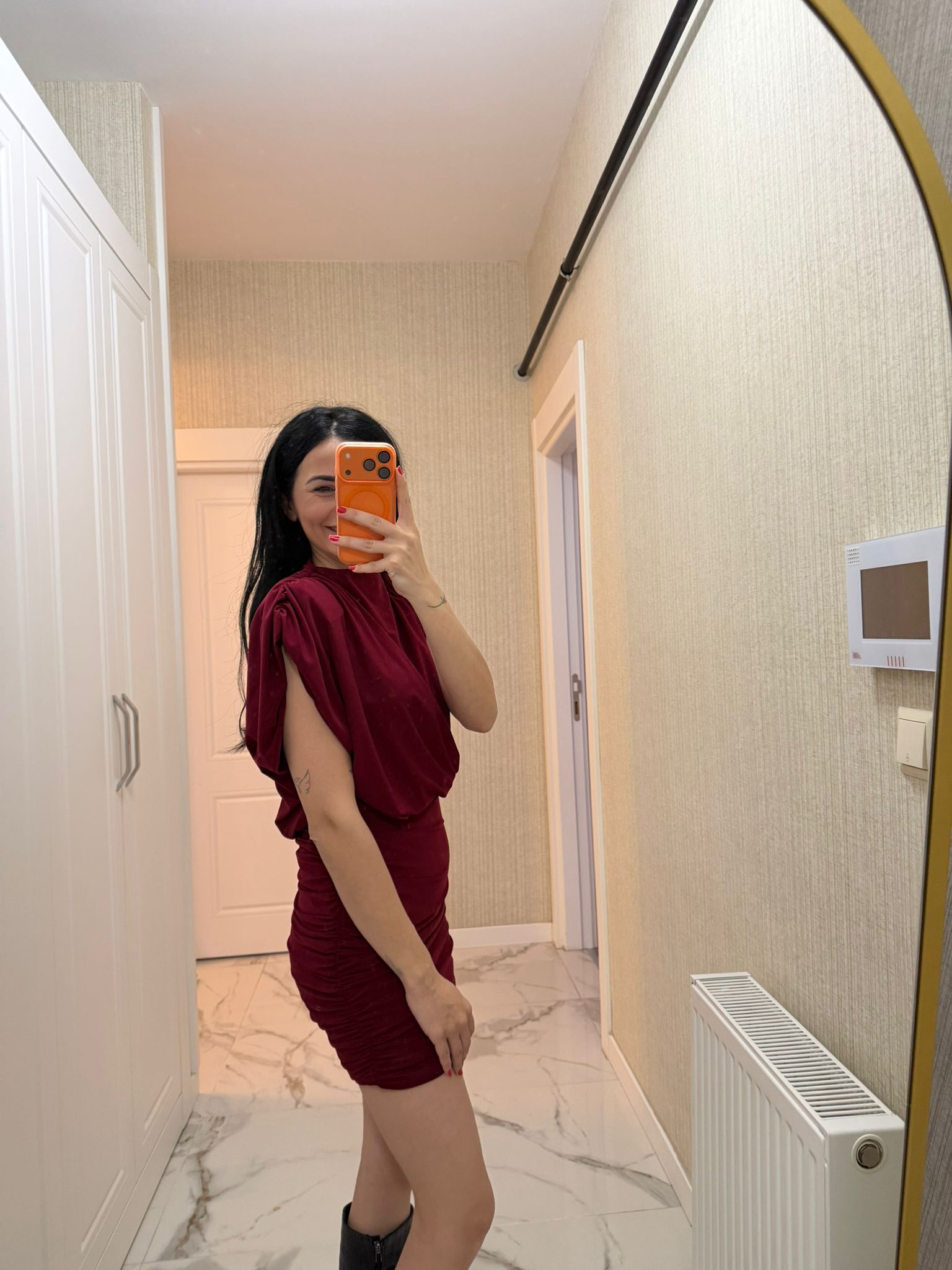 Bordo Vatkalı Drapeli Candy Mini Elbise S3919