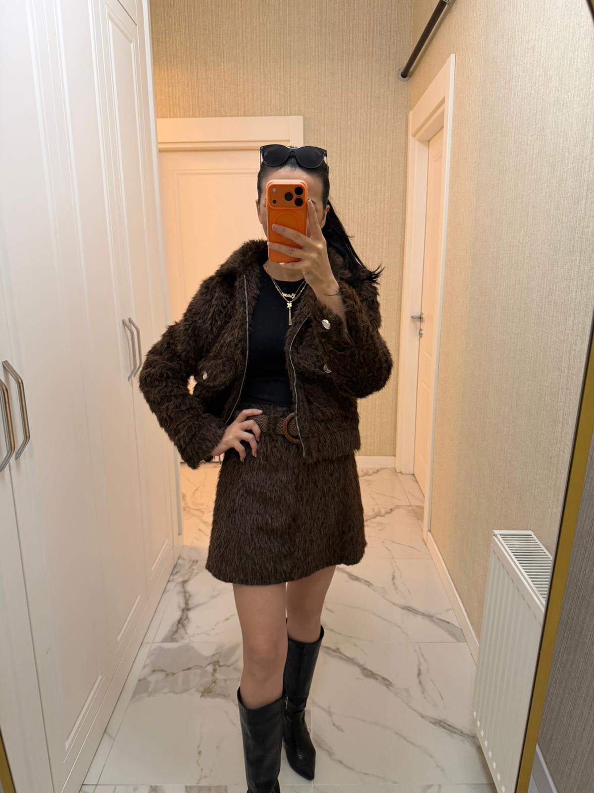 Kahverengi Sakal Kumaş Fermuarlı Ceket TŞ1982