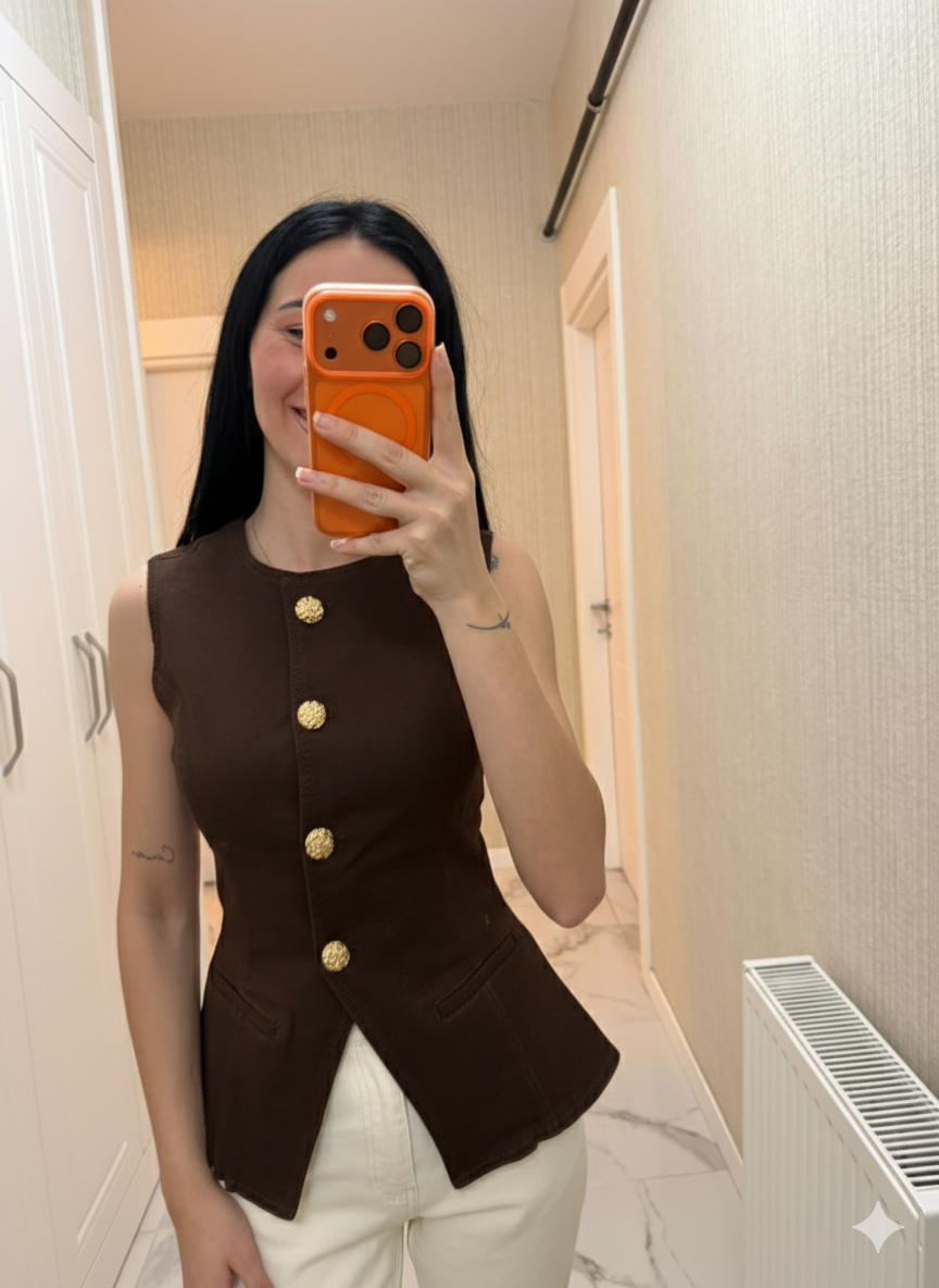 Kahverengi Belden Oturtmalı Yelek